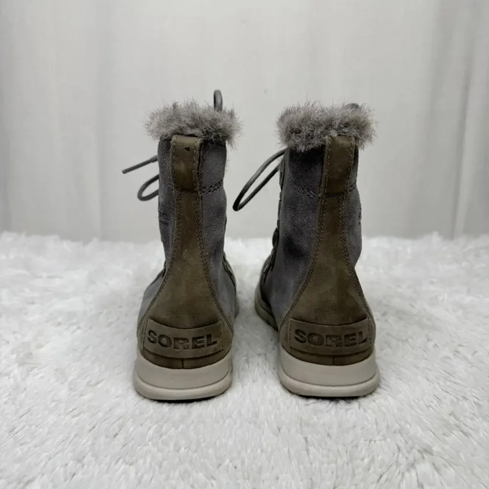 SOREL / gray Explorer Joan waterproof lace up faux fur suede leather boots / 6